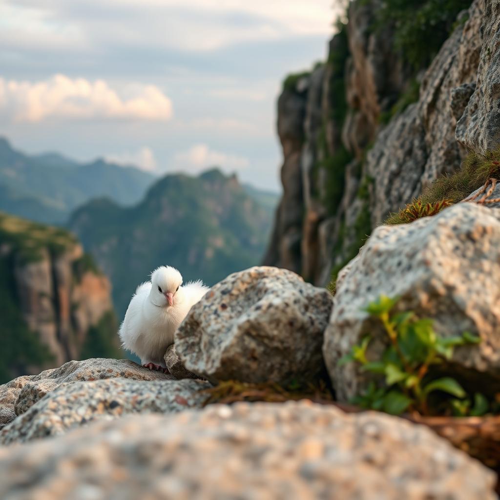 A serene scene featuring a beautiful white dove nestled behind a large rock on a rugged cliff