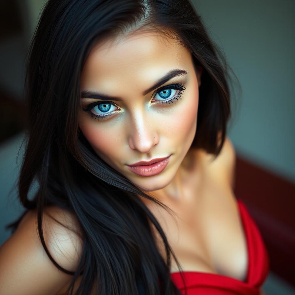 A close-up portrait of a beautiful woman with striking blue eyes and long, flowing black hair, wearing an elegant red dress that accentuates her figure