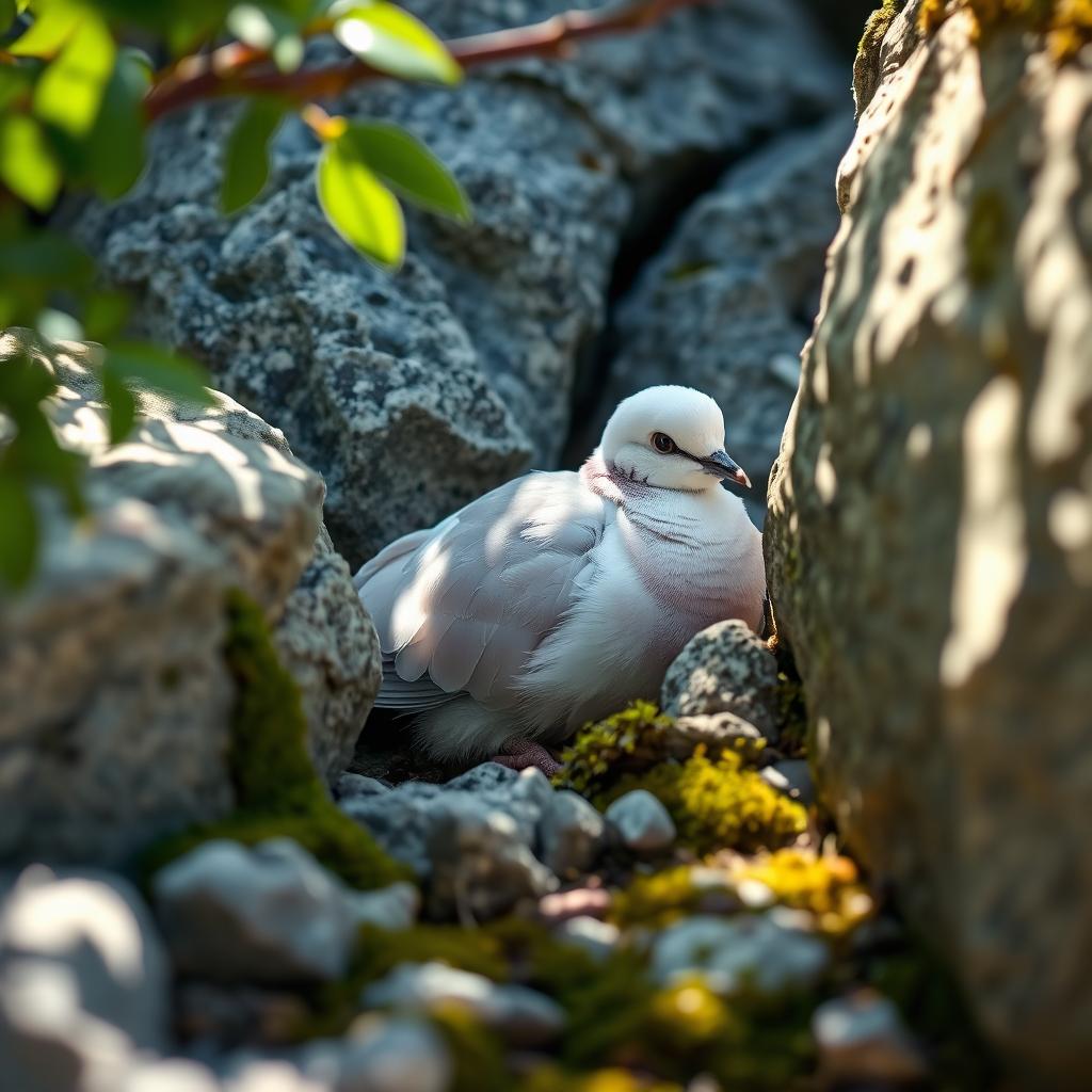 A beautiful, serene dove gently hiding behind weathered rocks in a tranquil natural setting