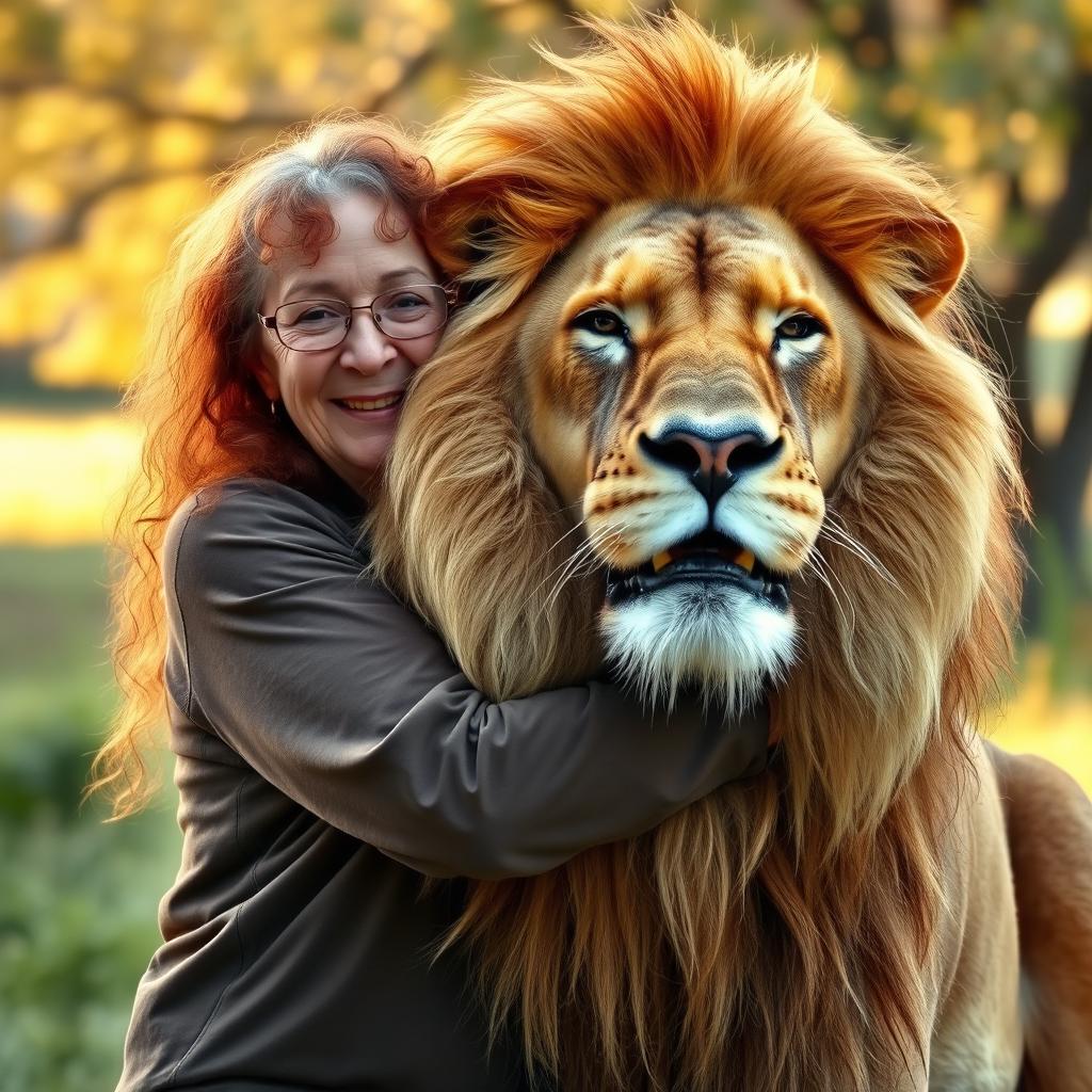 An older woman with long, curly reddish-brown hair and glasses is gently embracing a gigantic, friendly male lion in a serene outdoor setting