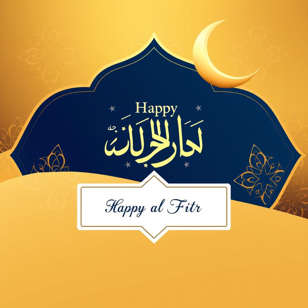 A beautifully designed Eid al-Fitr greeting card, featuring intricate Islamic geometric patterns and a crescent moon with stars