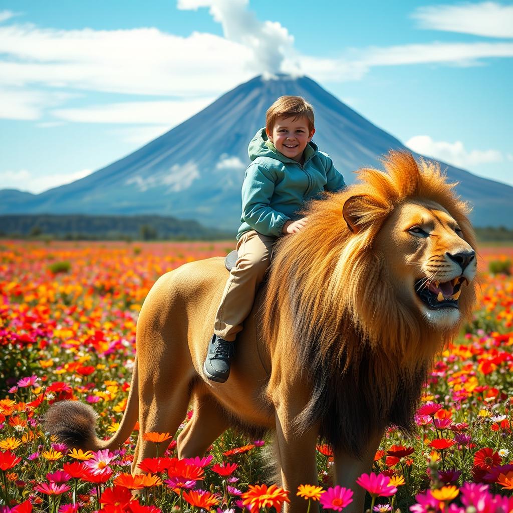 A young boy joyfully riding a majestic male lion in a vibrant field filled with colorful flowers