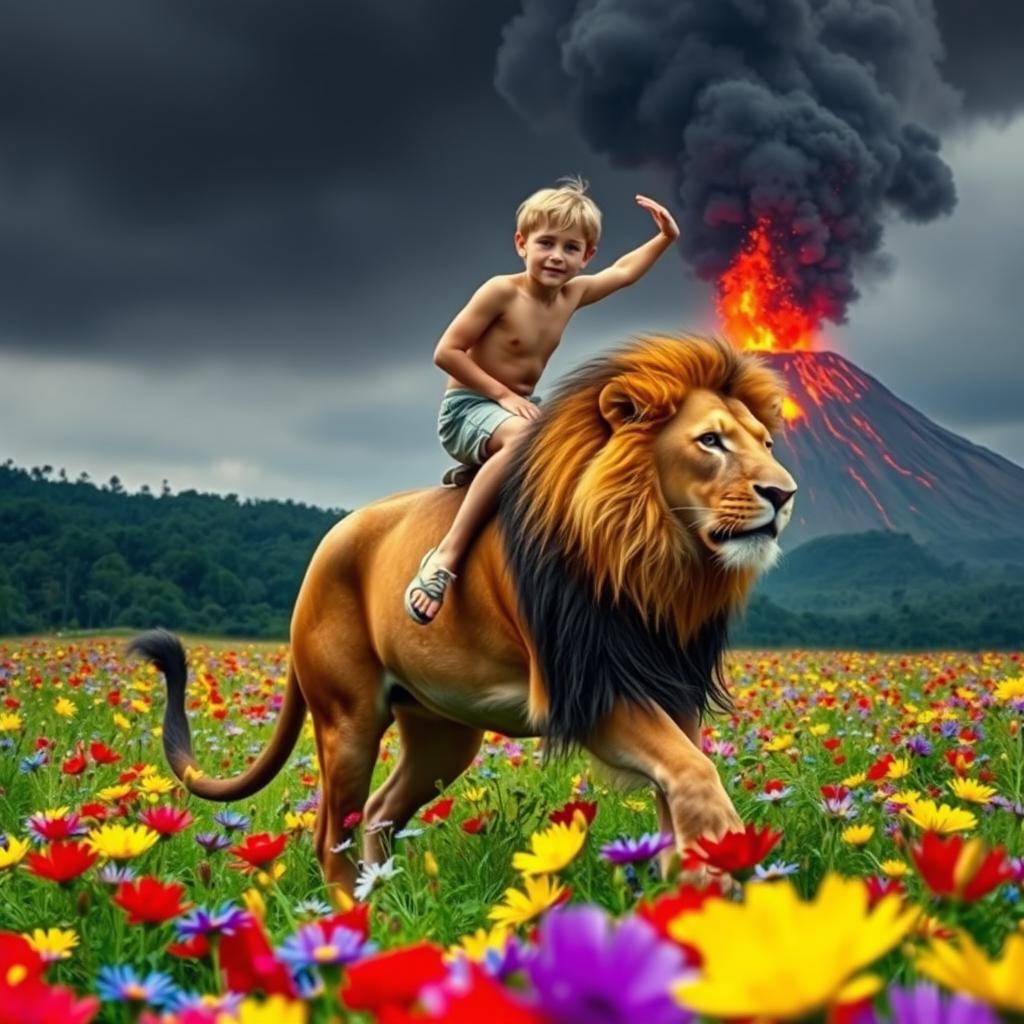 A young athletic boy riding proudly on the back of a majestic male lion, both exuding a sense of adventure and courage