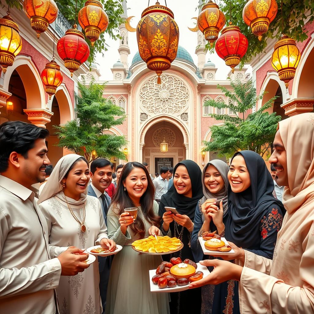 A vibrant and festive scene celebrating Eid al-Fitr, showcasing a beautifully decorated courtyard with colorful lanterns hanging from above, guests dressed in elegant traditional attire, joyful expressions on their faces as they share delicious traditional sweets like baklava and dates