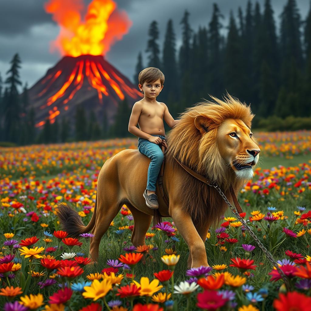 A young athletic boy riding confidently on a bright male lion, embodying a spirit of adventure and bravery