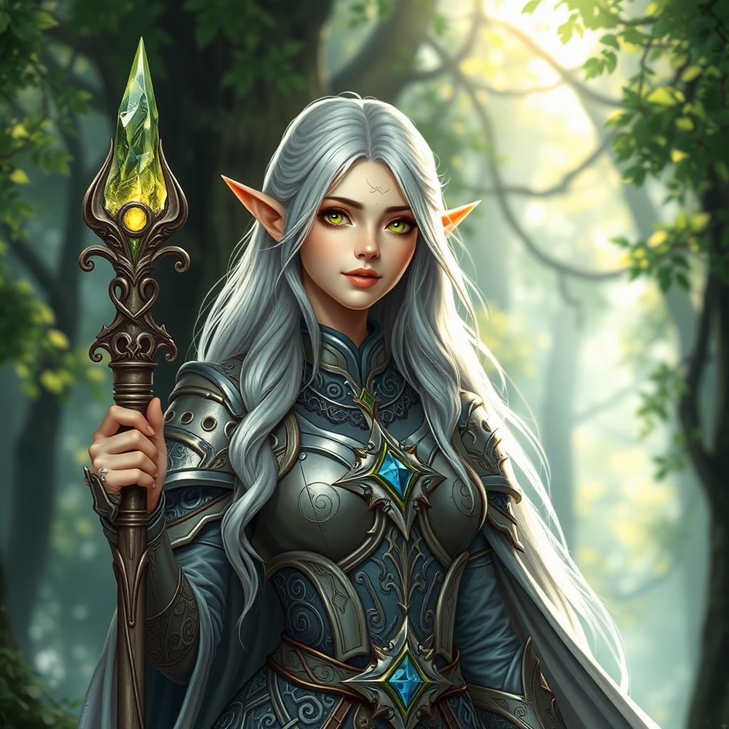 A beautiful female half-elf cleric, showcasing an ethereal and magical appearance