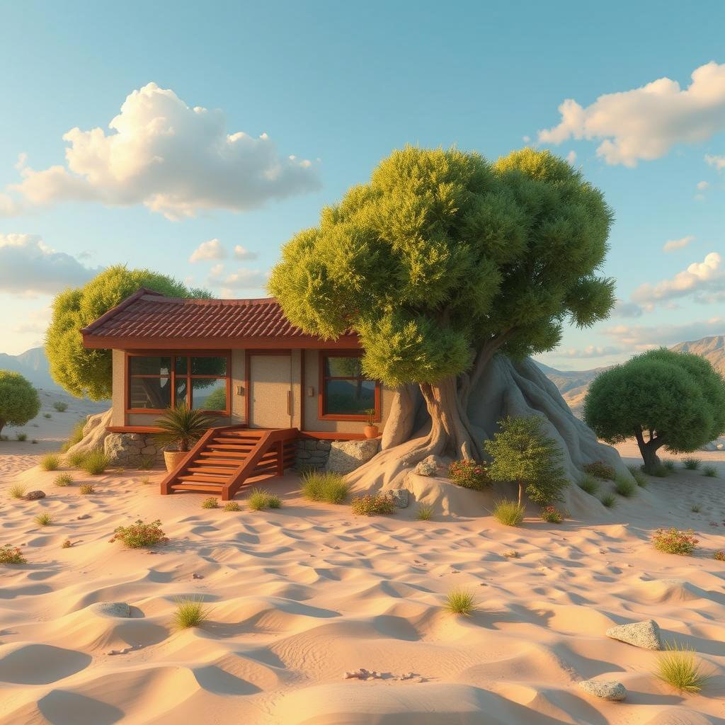 A tranquil desert landscape featuring a unique house built around a large tree