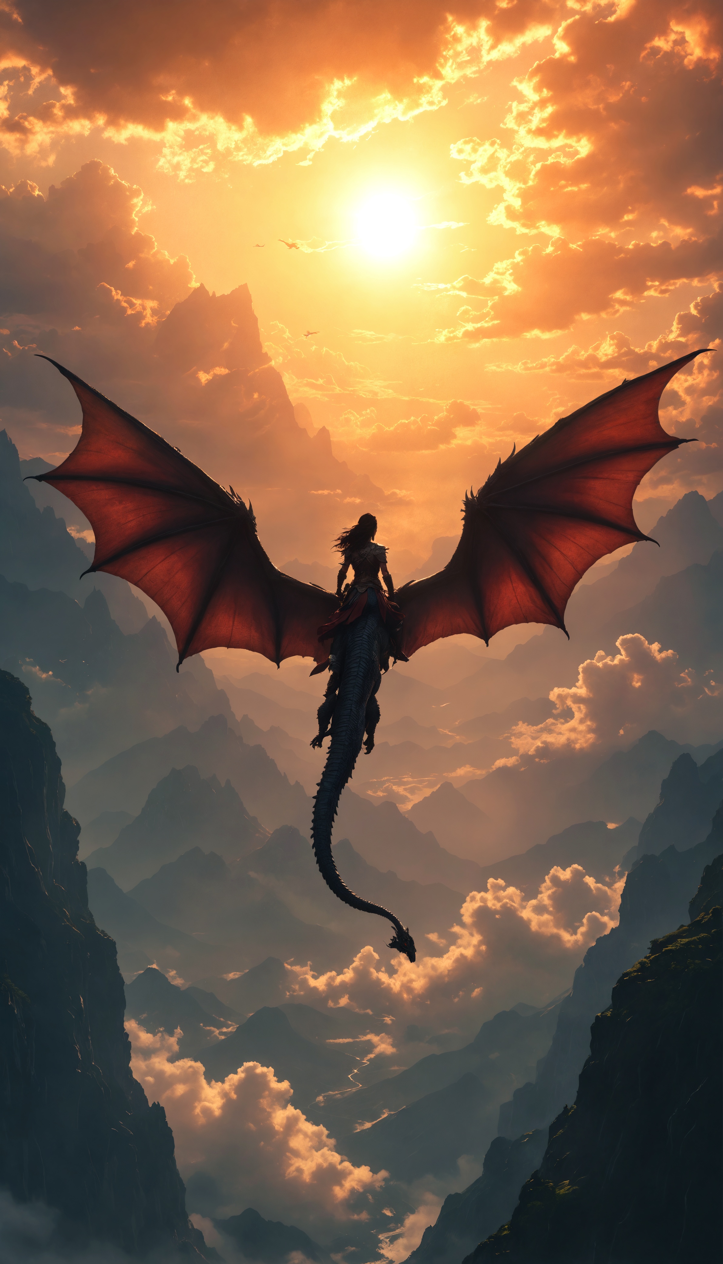 Epic Fantasy: Warrior Woman Rides Majestic Dragon in Breathtaking Skies