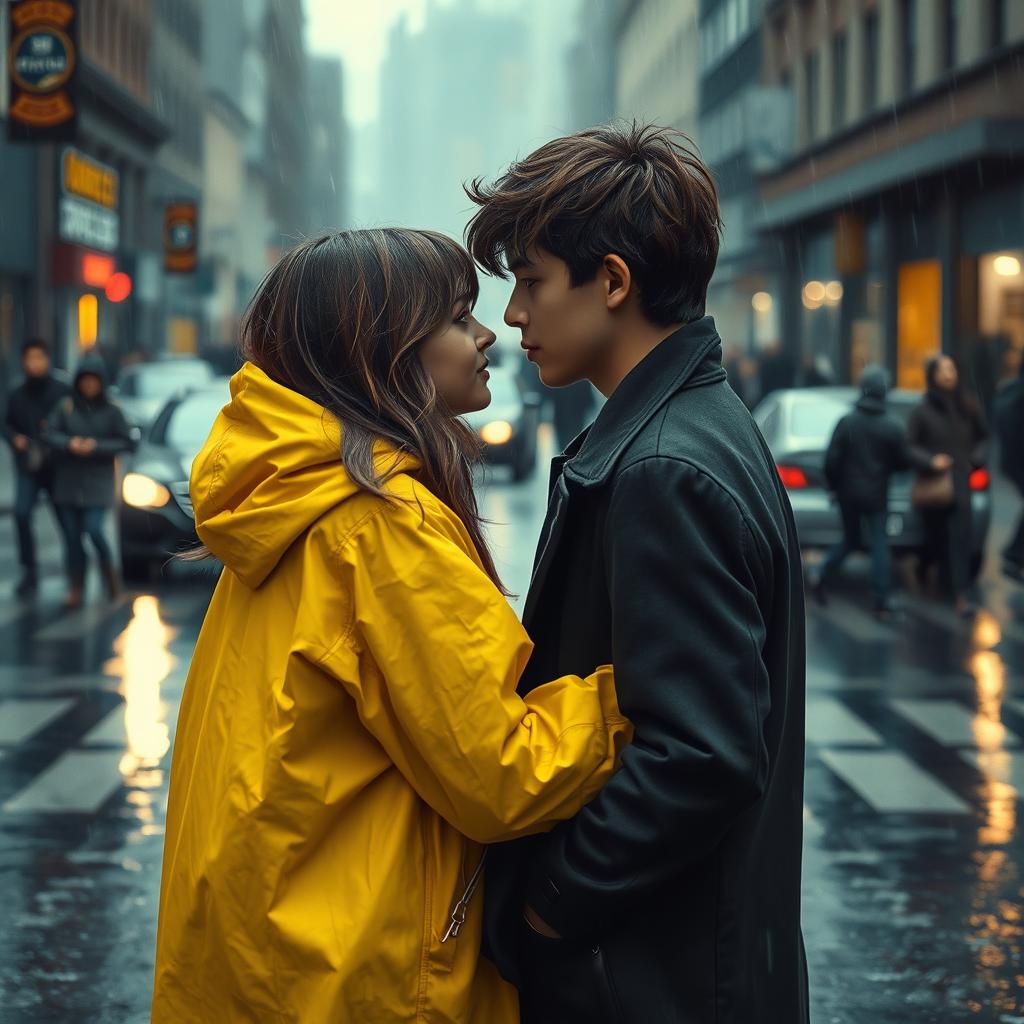 A scene depicting a boy and a girl passing each other in the rain, with their eyes locked in an intense gaze as if time has frozen around them