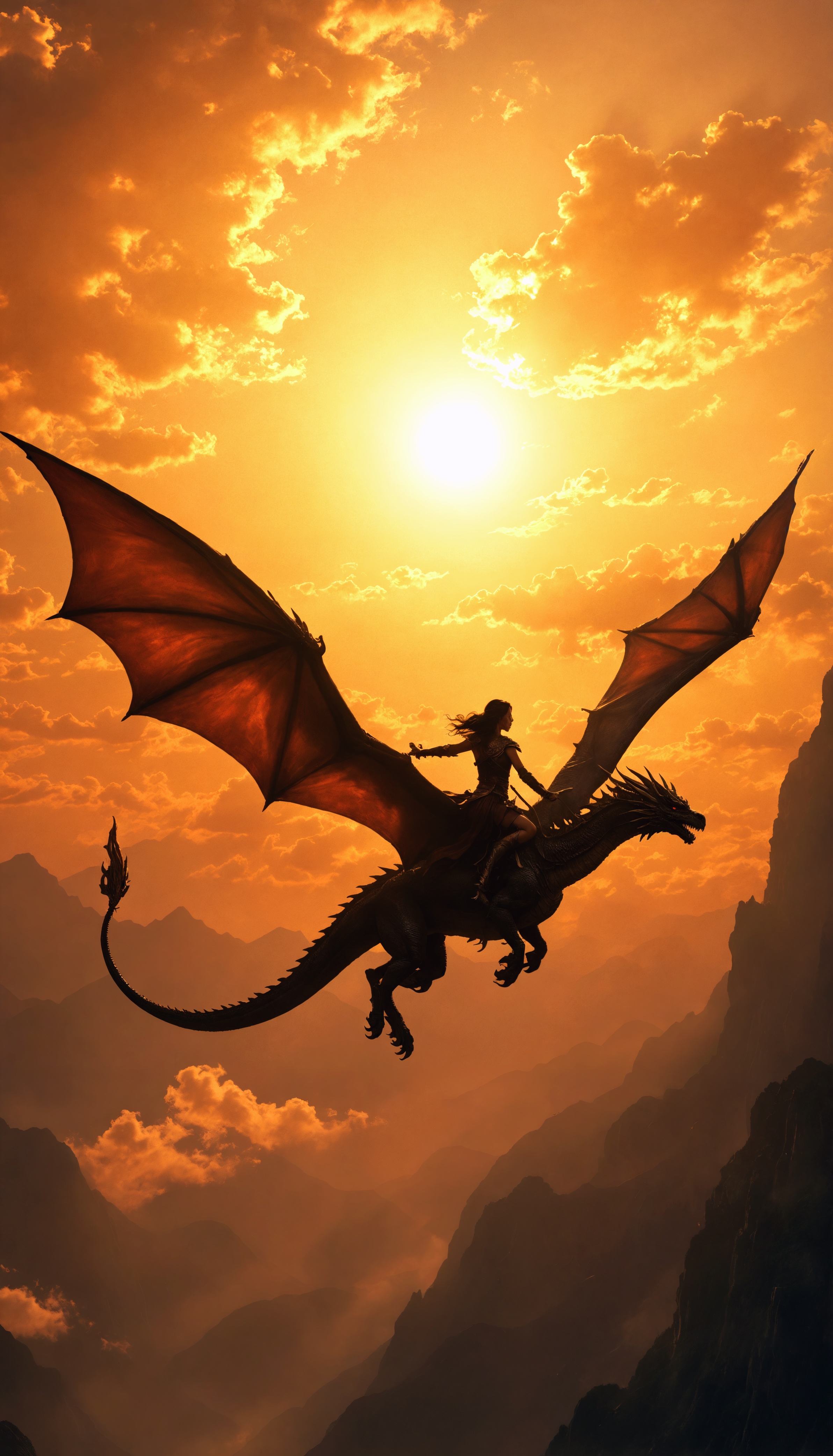 Epic Fantasy: Warrior Woman Rides Majestic Dragon in Breathtaking Skies