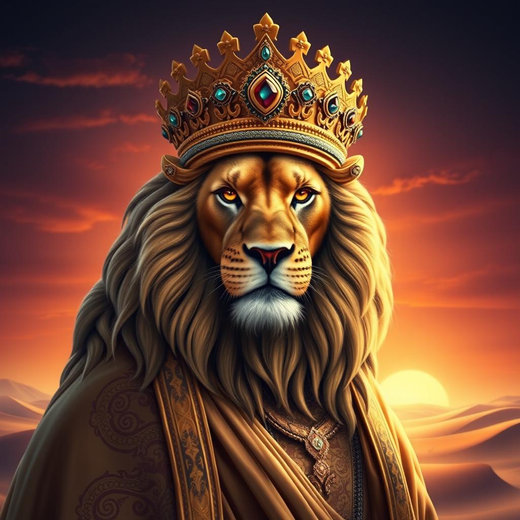 An imposing Arabian soldier king depicted as a great lion, wearing an ornate, richly detailed golden crown adorned with jewels that symbolize power and royalty