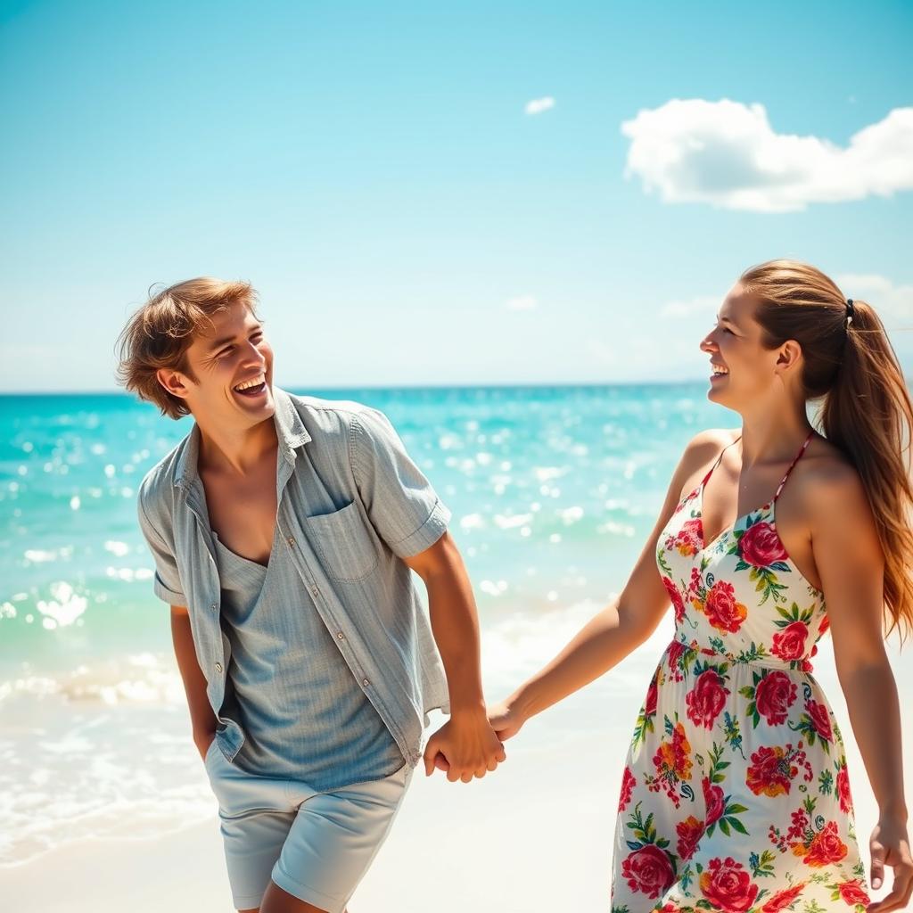 A joyful scene of two adults, Kevin and Mélina, laughing together while holding hands near the sparkling sea