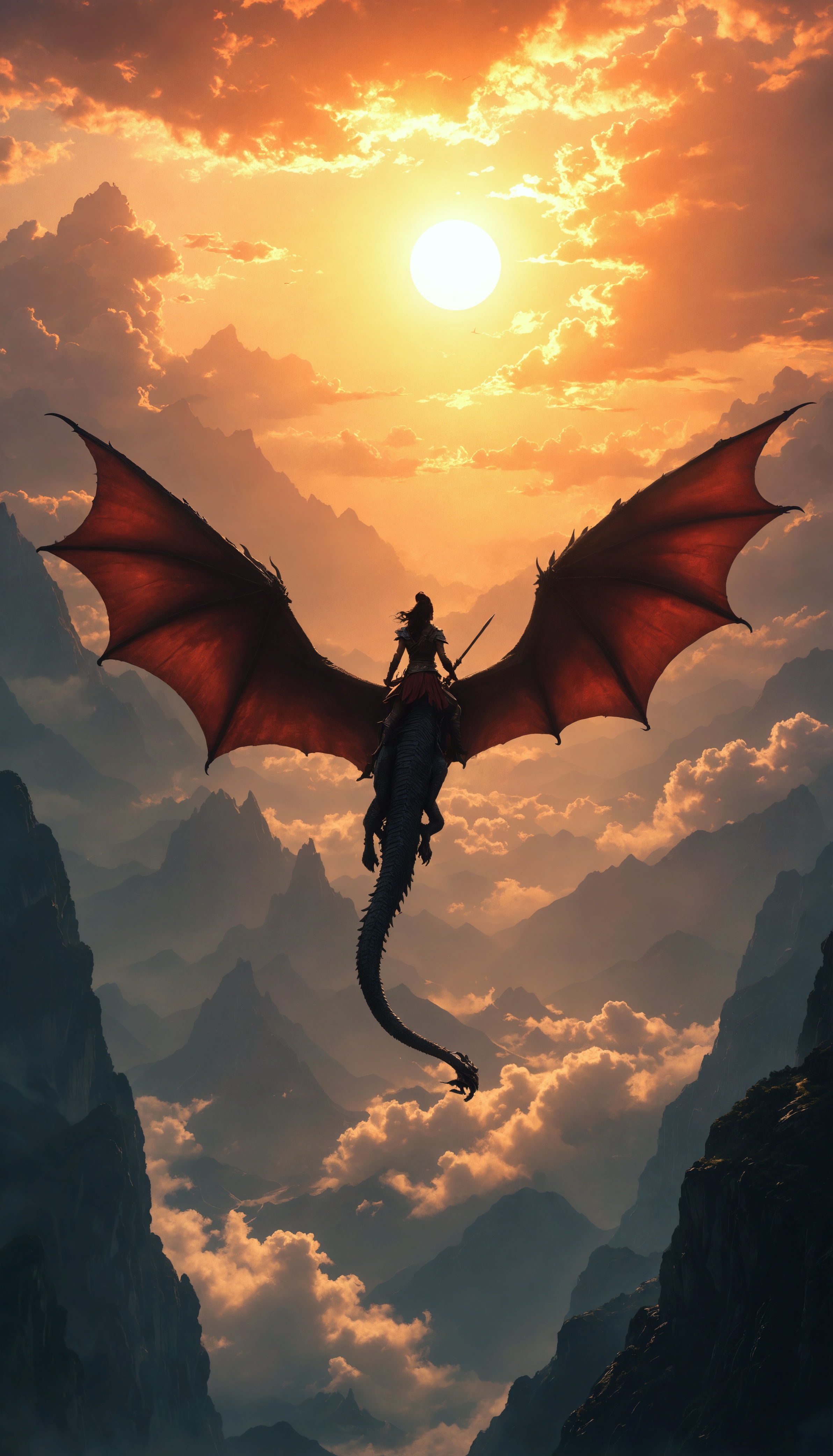 Epic Fantasy: Warrior Woman Rides Majestic Dragon in Breathtaking Skies