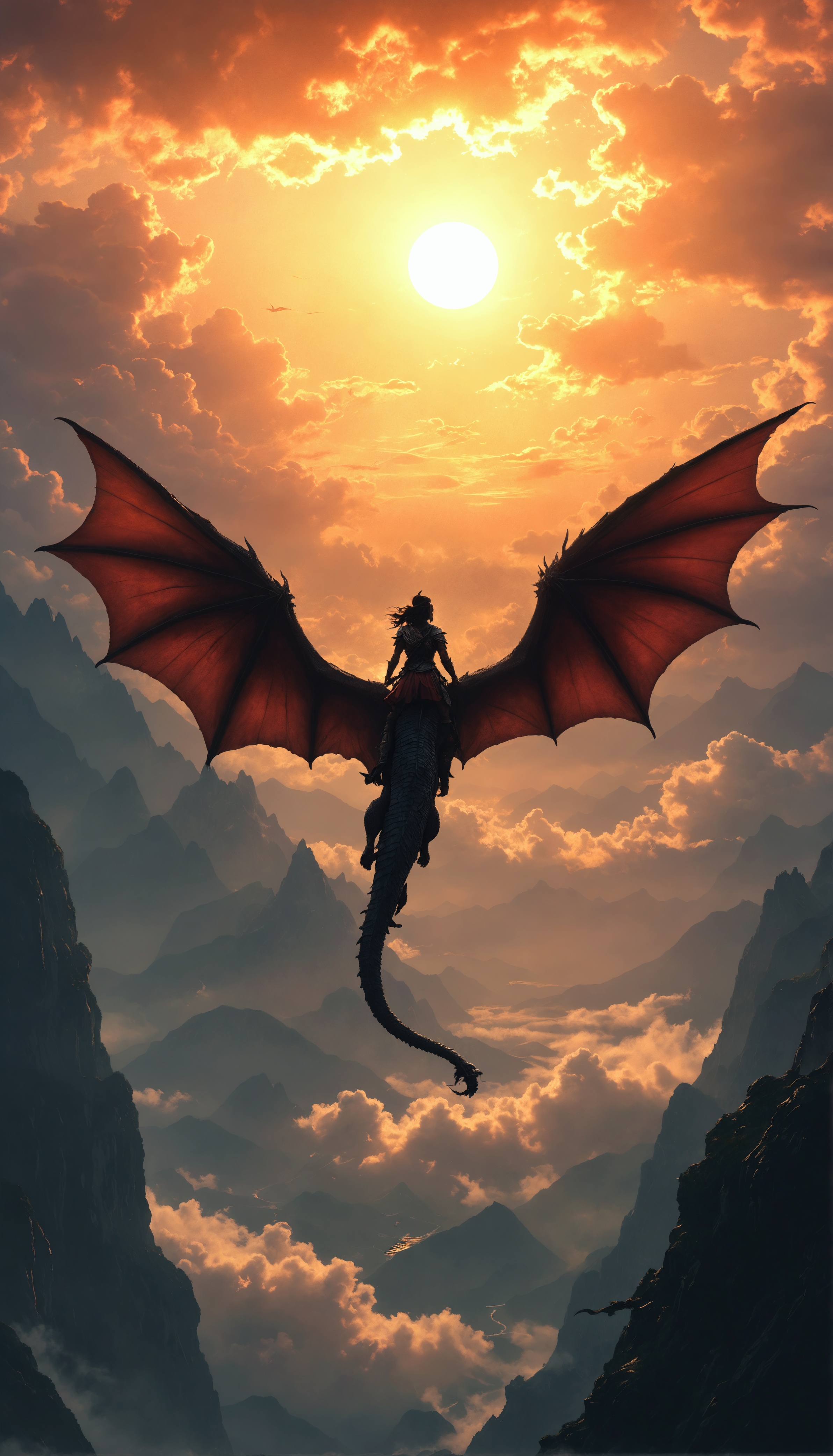 Epic Fantasy: Warrior Woman Rides Majestic Dragon in Breathtaking Skies
