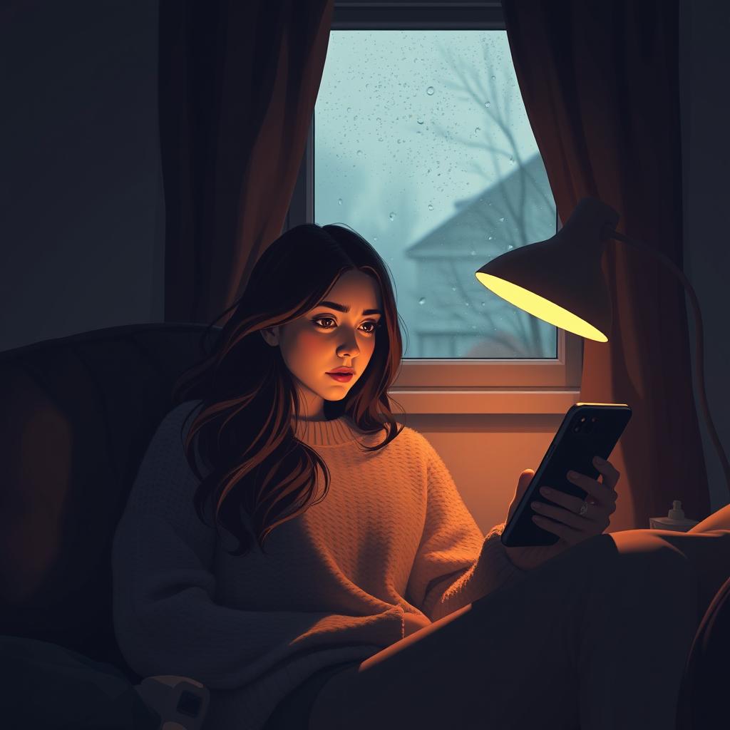 A poignant scene featuring Mélina sitting in a cozy, softly lit room, looking at her phone with a concerned expression