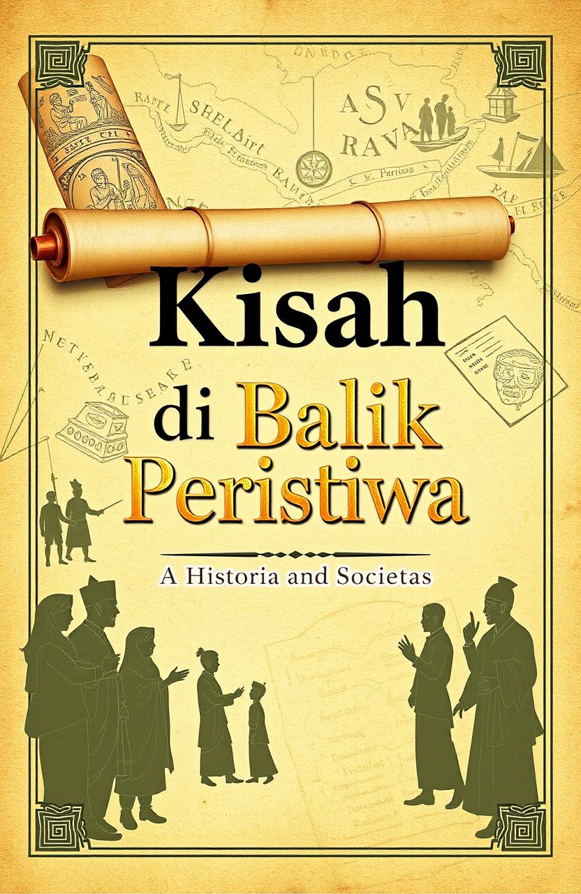 A book cover design for a collection of short stories titled 'Kisah di Balik Peristiwa: Historia and Societas'