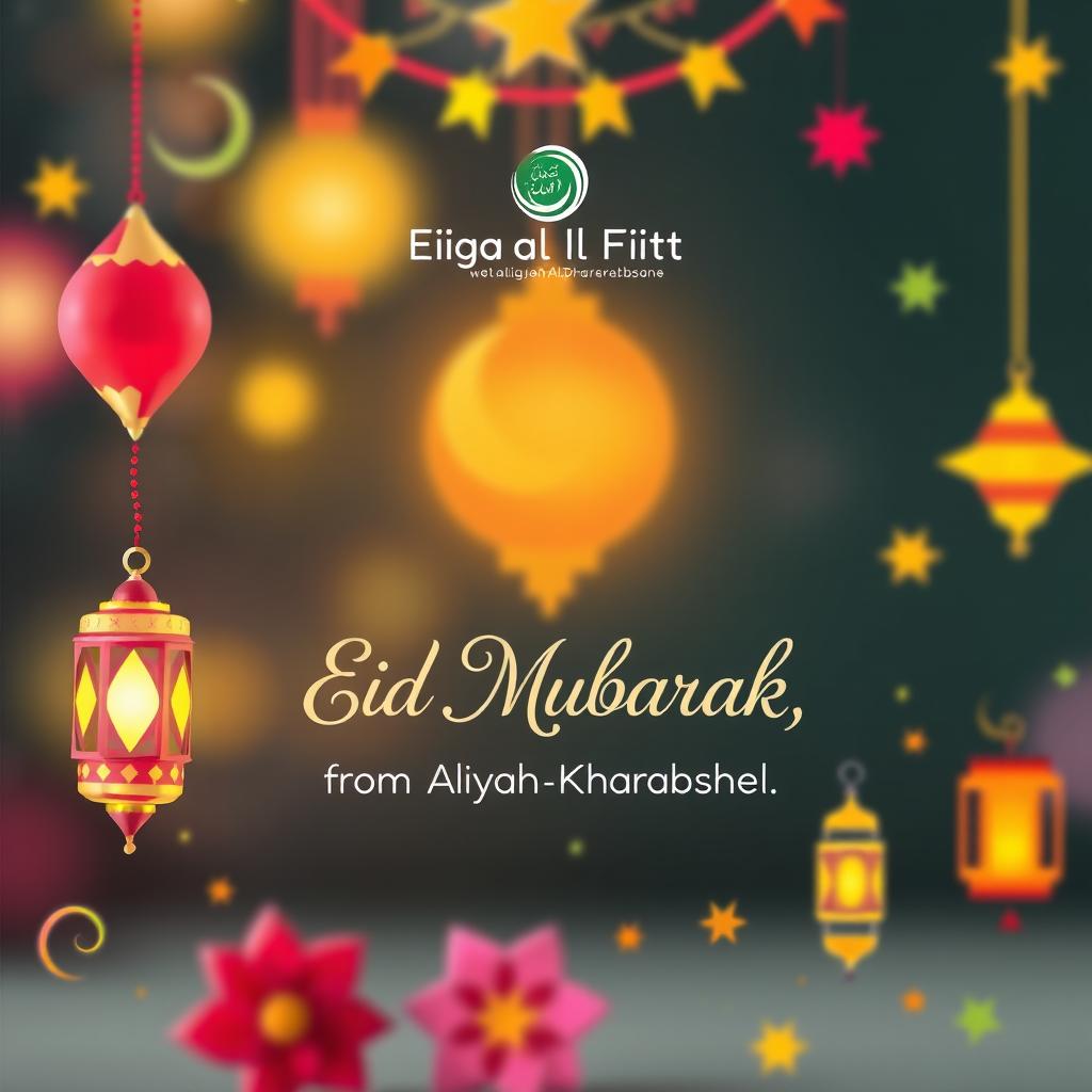 A festive Eid al-Fitr greeting card featuring the company logo prominently displayed at the top