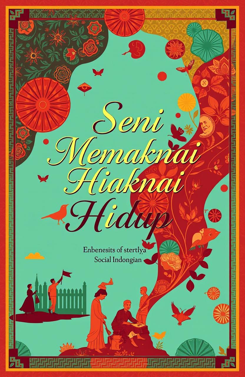 A captivating book cover design for a collection of short stories titled 'Seni Memaknai Hidup', featuring themes of historical fiction and social commentary