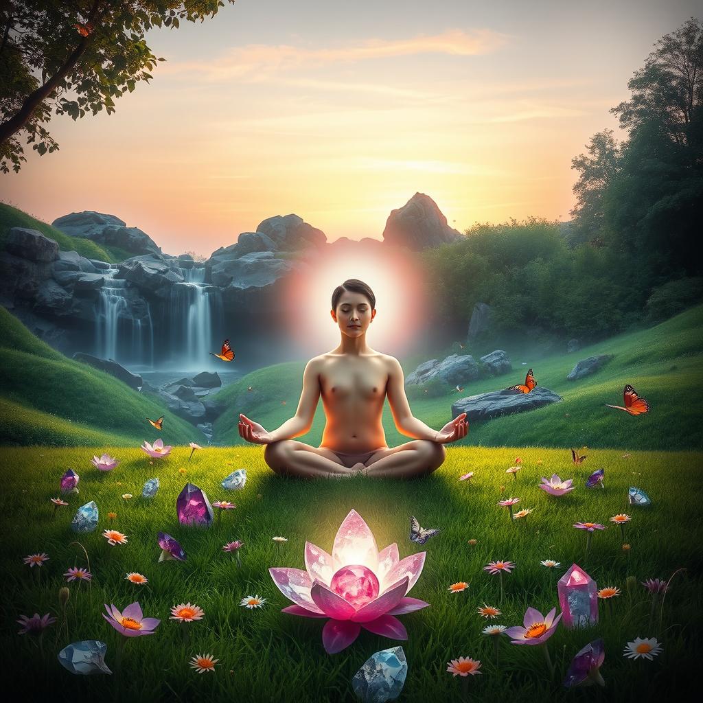 A serene scene depicting spiritual healing, featuring a tranquil setting in nature, with a soft glowing light illuminating a meditative figure sitting cross-legged on a lush green meadow
