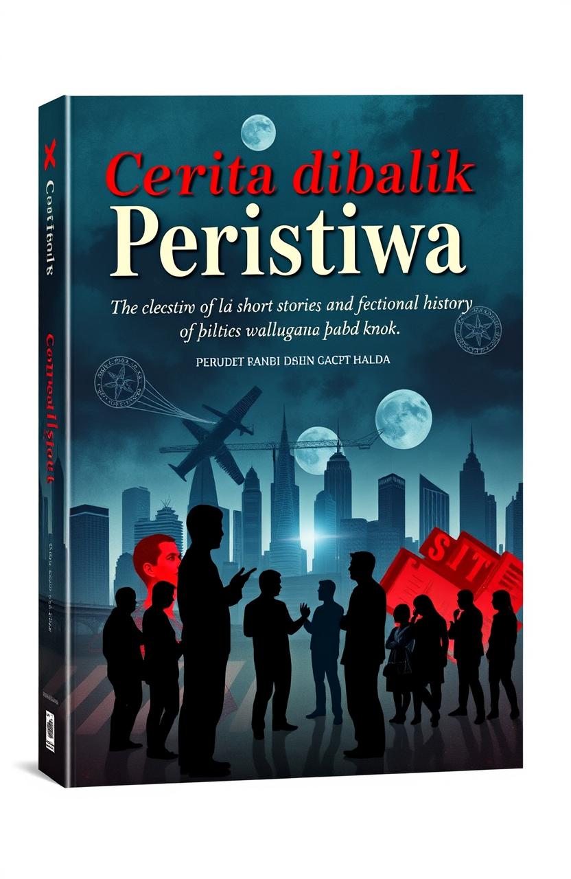 A compelling book cover for a collection of short stories titled 'Cerita dibalik Peristiwa', themed around politics, social issues, and fictional history