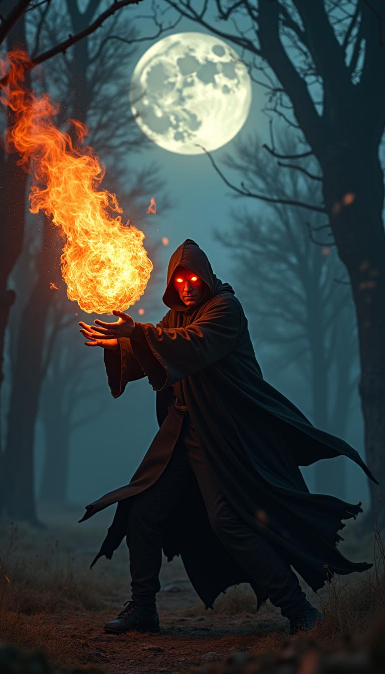 An ominous dark sorcerer casting a fiery fireball under the radiant light of a full moon