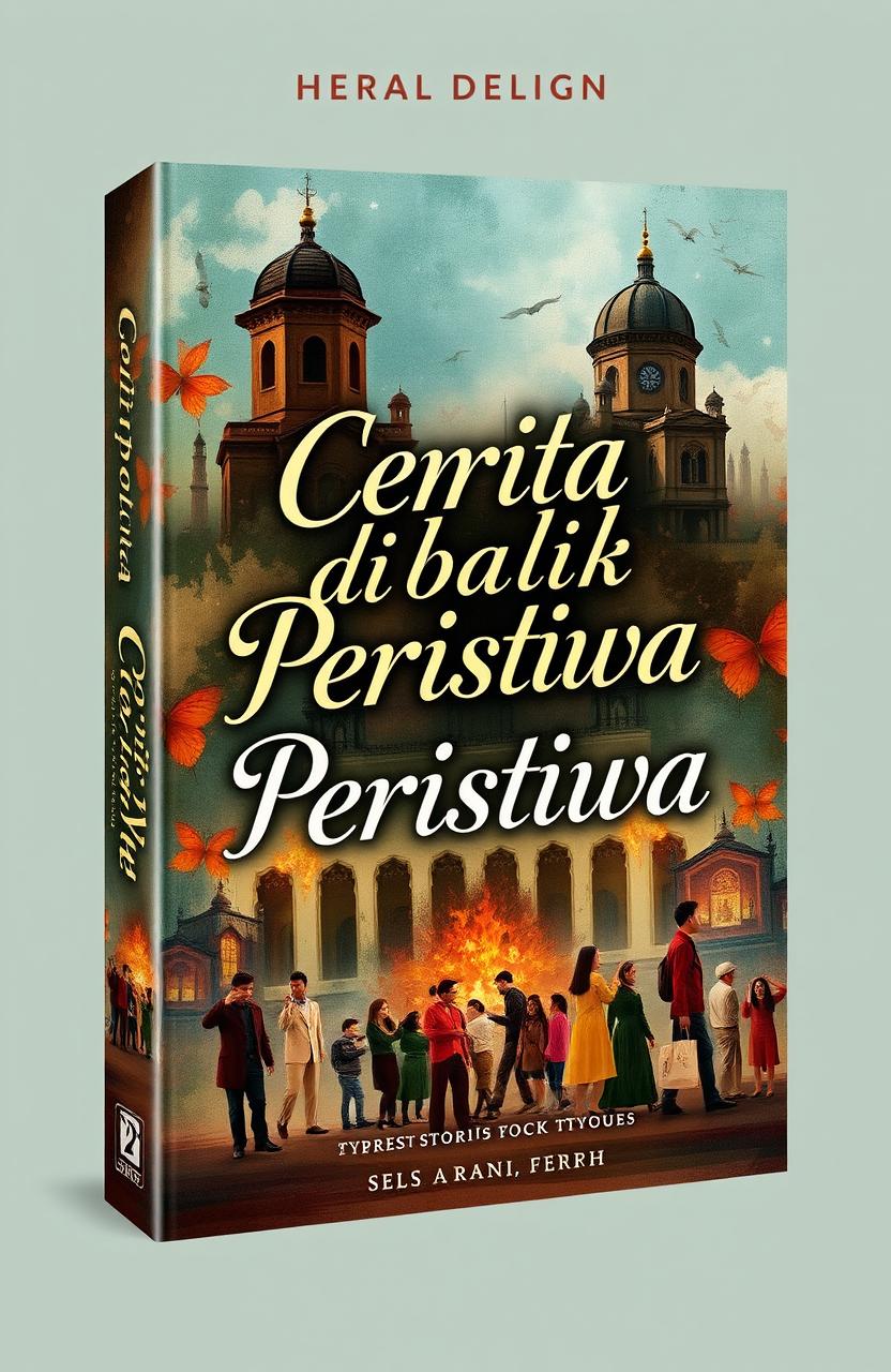 A captivating book cover for a collection of short stories titled 'Cerita dibalik Peristiwa', featuring a blend of social themes and fictional history