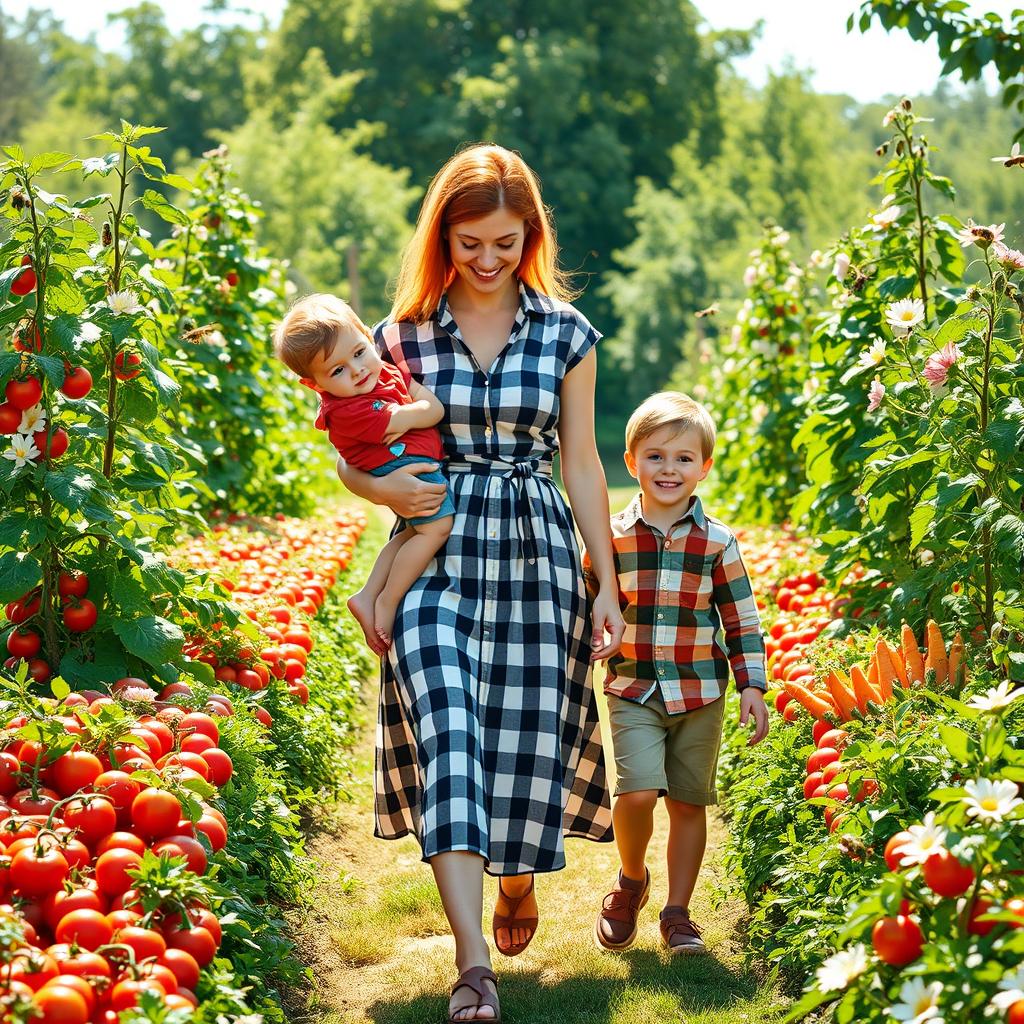 A vibrant scene featuring a red-haired woman wearing a stylish checkered dress, holding one boy comfortably in her arm
