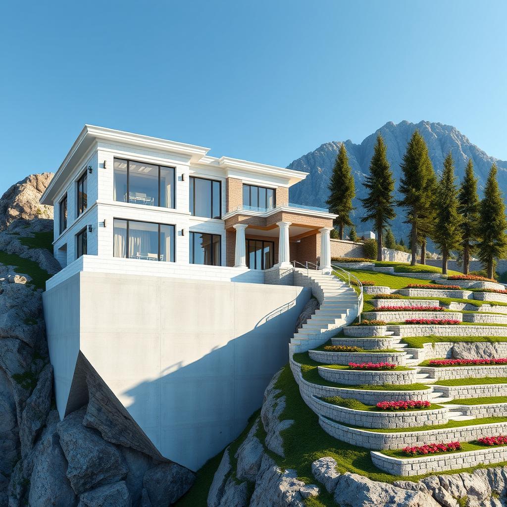 A luxurious two-story house located on the slopes of tall mountains, perched on a 4-meter high concrete wall