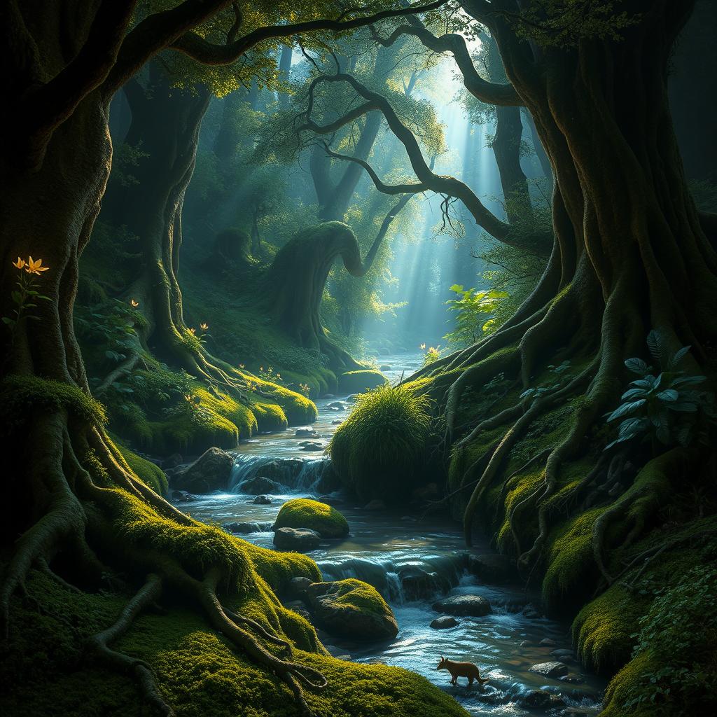 A magical scene inside a dark fairy tale forest, featuring a serene mountain stream flowing through the lush greenery