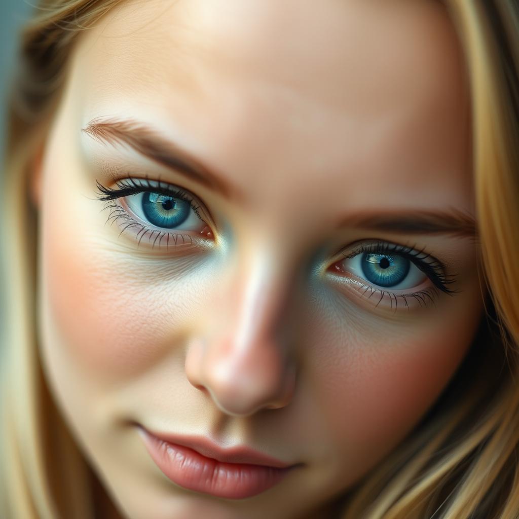 A close-up portrait of a person with strikingly light blue eyes, conveying a natural and ethereal beauty