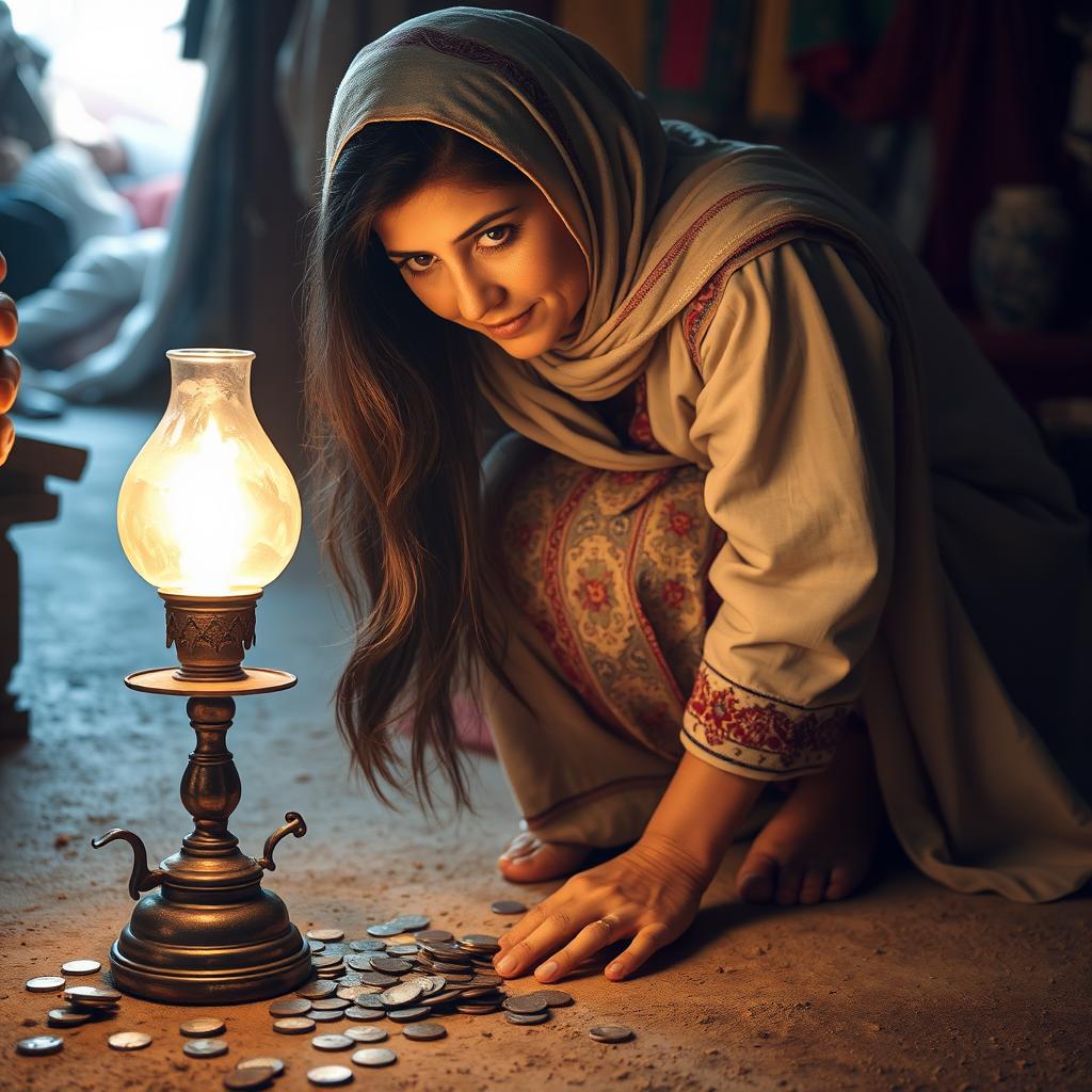 A Middle Eastern woman in traditional attire, such as a beautifully embroidered dress and a headscarf, is crouching on the ground, intently searching for her lost coins