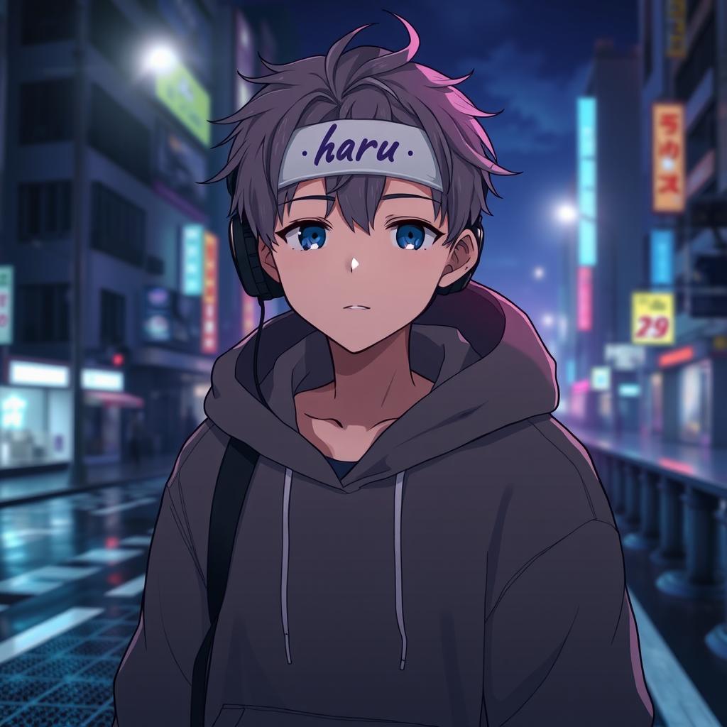 An anime boy wearing a hoodie and headphones, standing in a city at night