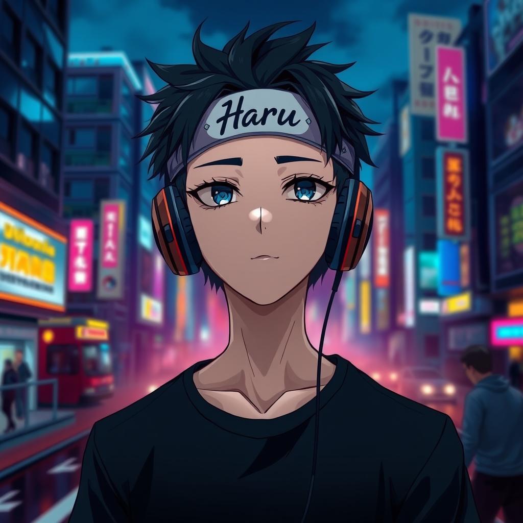 An anime boy dressed in a black shirt and headphones, standing in a city at night
