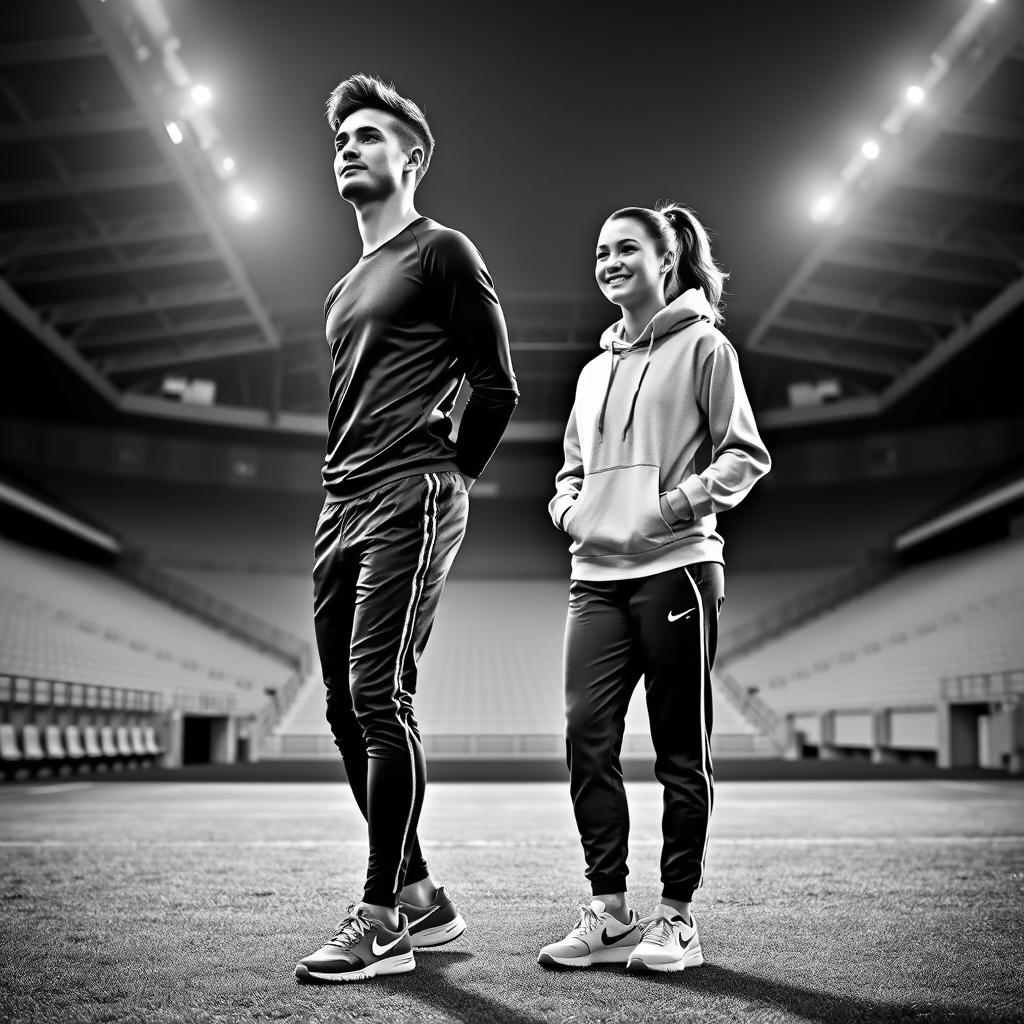 Two individuals standing side by side in a black and white stadium background