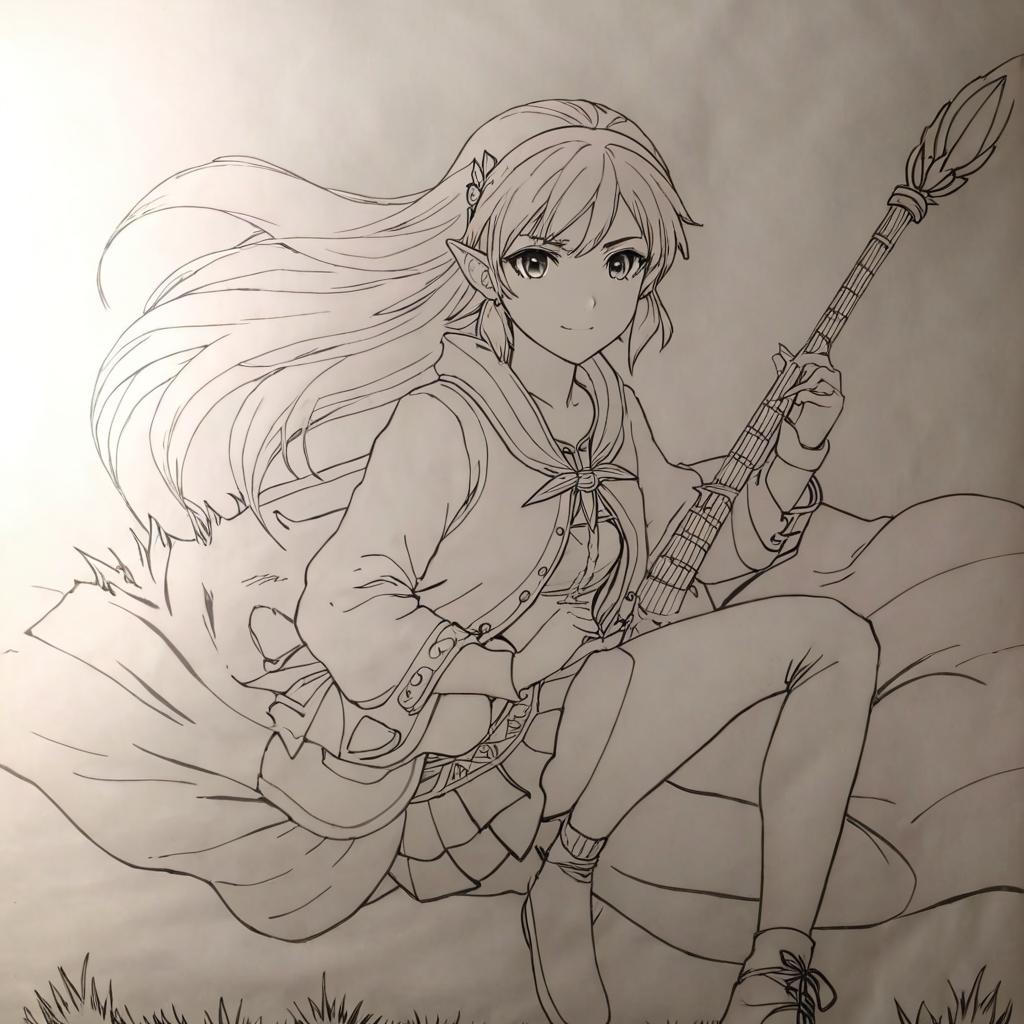 Elfa joven en una cueva, con iluminación delante y sombras detrás, luces mágicas en el aire. Imagen semi realista, estilo anime. Pelo anaranjado con reflejos dorados, chaqueta rosa fusia oscura y falda rosa clara, blusa blanca, lazo morado oscuro en el cuello, diadema gris claro recogiendo su coleta, ojos azules oscuro con reflejos claros, piel clara en cara y manos, varita dorada con piedra azul celeste y brillante en la punta, medias blancas, zapatos de color fusia oscuro