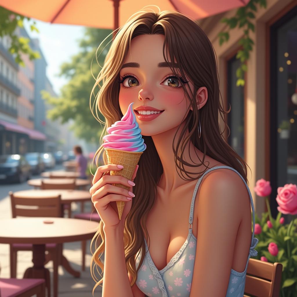 A beautiful young woman with long hair, sitting outdoors at a cozy café, enjoying a delicious ice cream cone