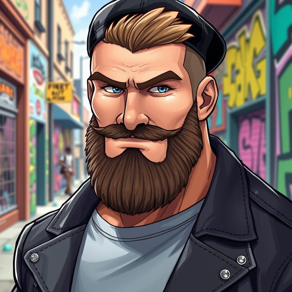 A detailed portrait of a strong, muscular male character with a well-groomed beard and wearing a stylish black cap