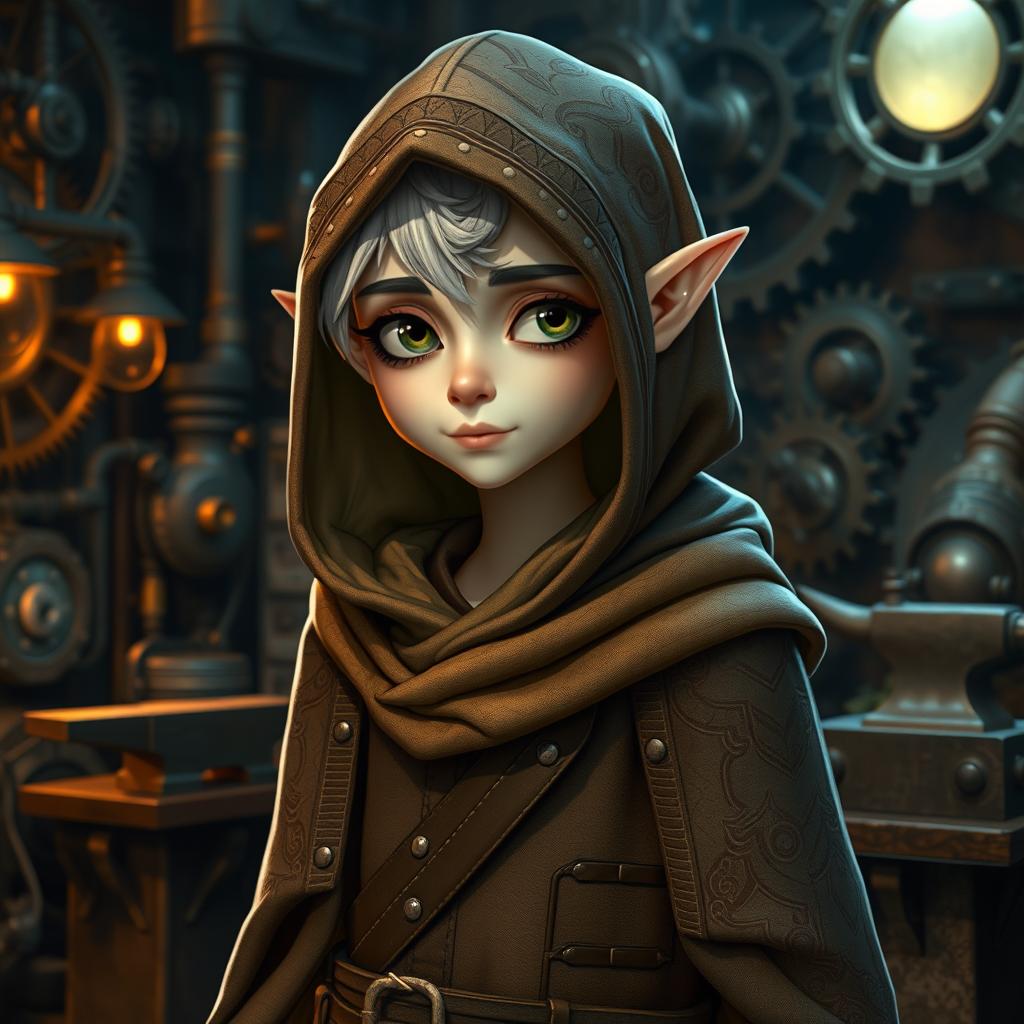A shy male elf with pale white skin, wearing a hooded cloak, standing full body in a steampunk workshop