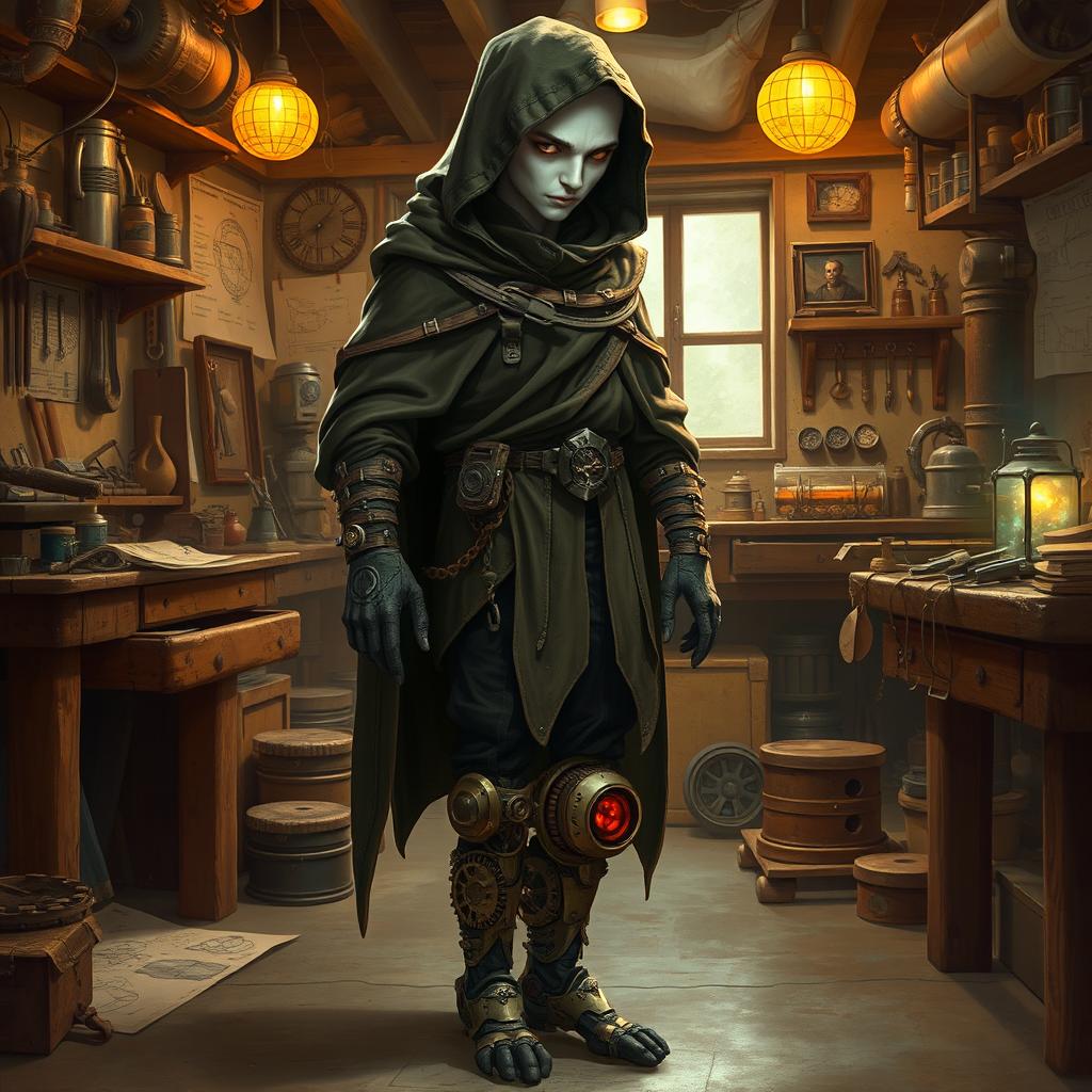 A shy male shadar-kai artificer with pale white skin, wearing a hooded cloak, standing full body in a workshop