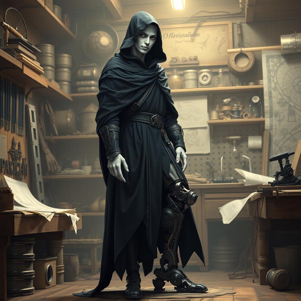 A shy male shadar-kai artificer with pale white skin, standing full body in a workshop