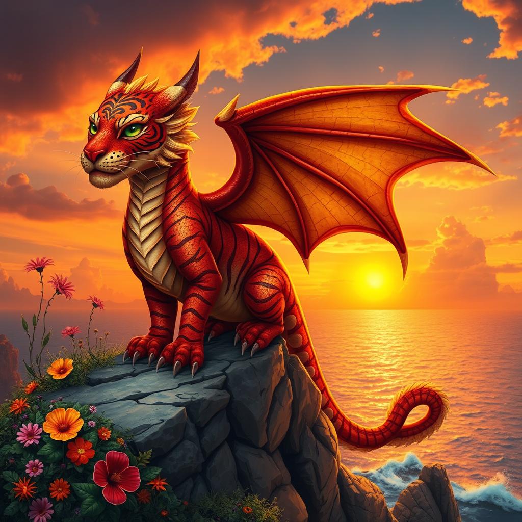 A vibrant fantasy creature, resembling a mix between a dragon and a tiger, with majestic red and gold scales, bright green eyes, and long, flowing whiskers