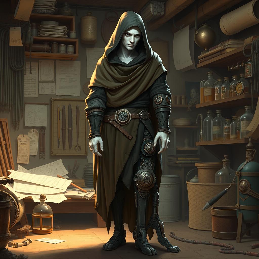 A shy male shadar-kai artificer with pale white skin, standing full body in a workshop