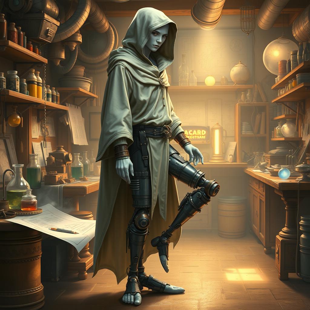 A full body depiction of a shy male shadar-kai artificer, characterized by his pale white skin and wearing a flowing hooded cloak that adds to his mysterious aura