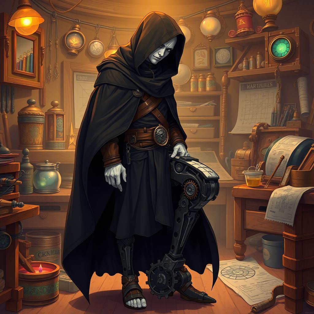 A full-body illustration of a shy male shadar-kai artificer with pale white skin, dressed in a flowing dark hooded cloak that adds an element of mystery to his character