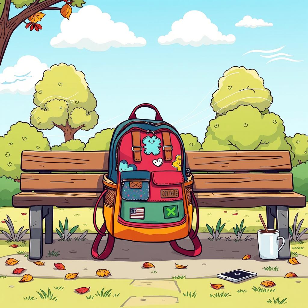 A medium shot of a stylish backpack casually leaning against a park bench in a whimsical comic style