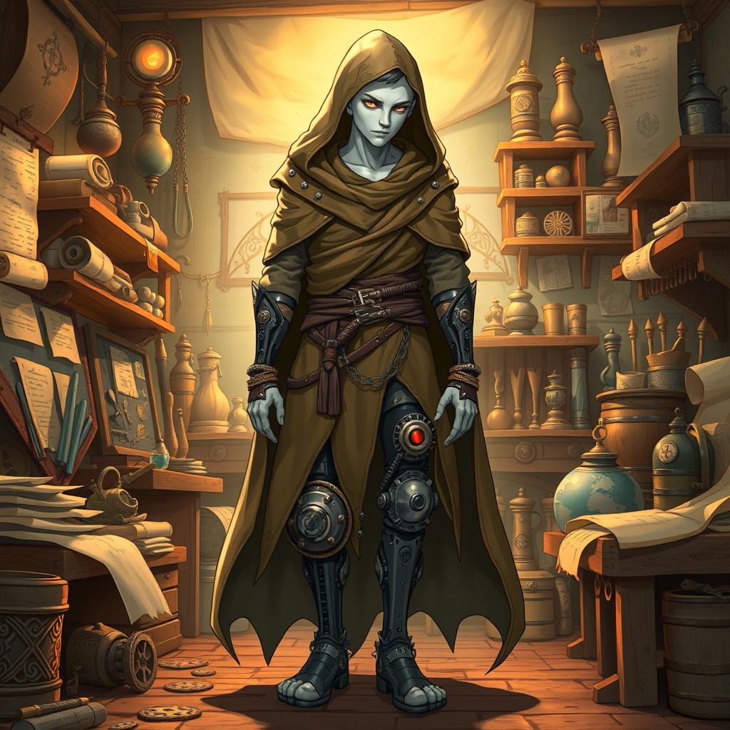 A full body illustration of a shy male shadar-kai artificer with pale white skin, dressed in a flowing hooded cloak that accentuates his mysterious vibe