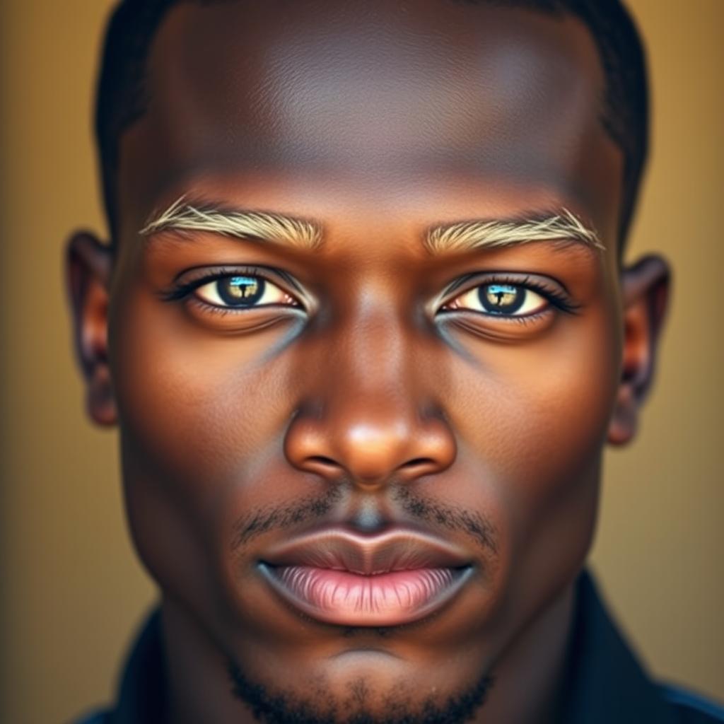 A close-up portrait of a dark-skinned man with striking blonde eyebrows, showcasing a clean-shaven face with no beard or mustache