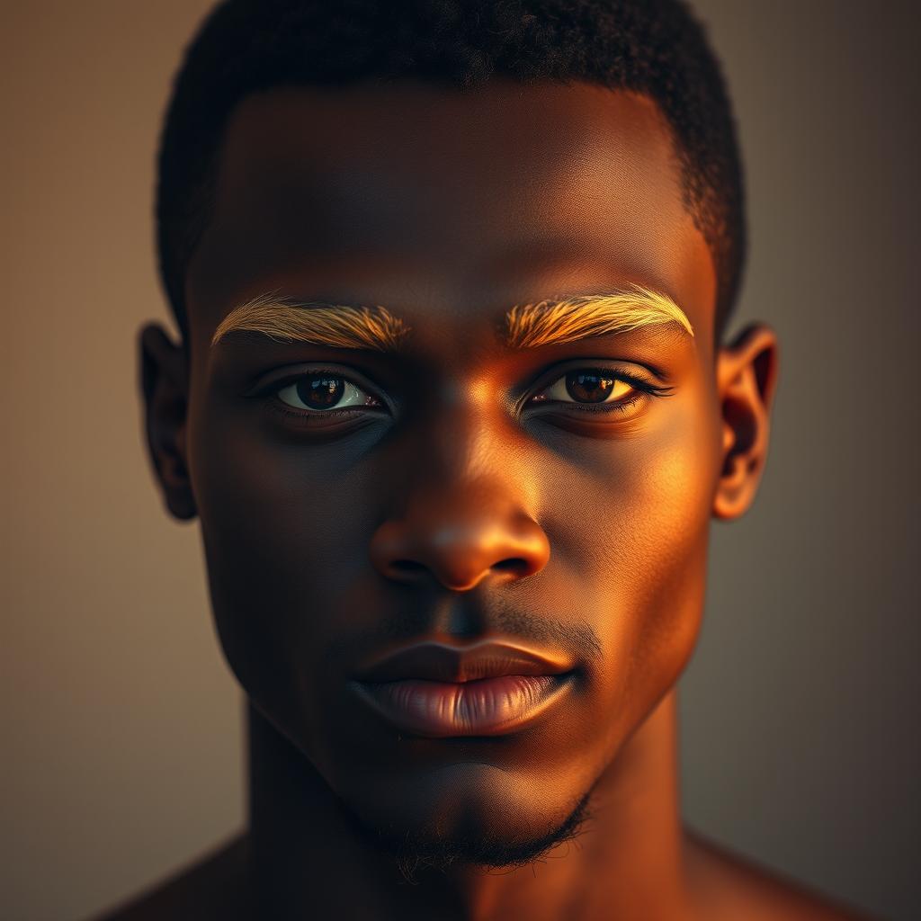 A striking portrait of a dark-skinned man with vibrant blonde eyebrows, showcasing a smooth bare face without any facial hair such as beard or mustache