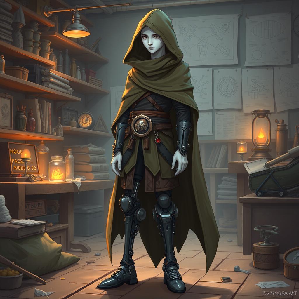 A full-body illustration of a shy male shadar-kai artificer, featuring pale white skin and adorned in a flowing hooded cloak that imparts a sense of mystery