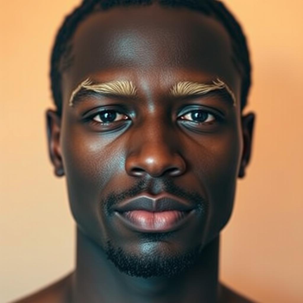 A captivating portrait of a dark-skinned man with striking blonde eyebrows, presenting a smooth bare face free of any beard or mustache